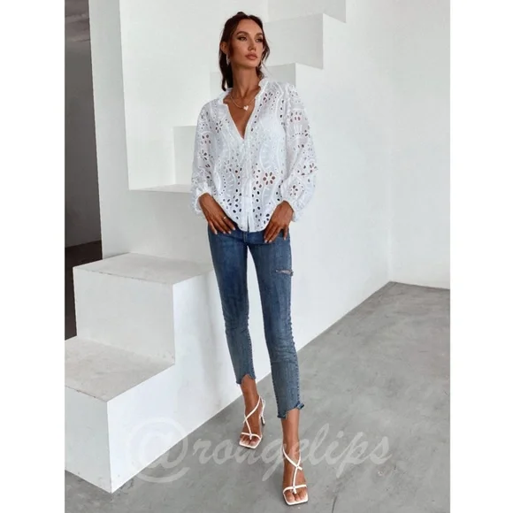 White Boho Eyelet Button Down Shirt - Picture 6 of 8